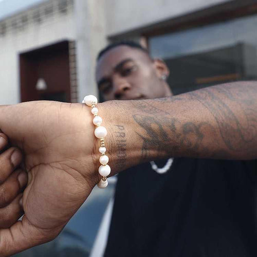 14K Gold - plated Natural Pearl Separated Bead Patchwork Bracelet For Men's Hip - hop Necklace - Dapper All Day